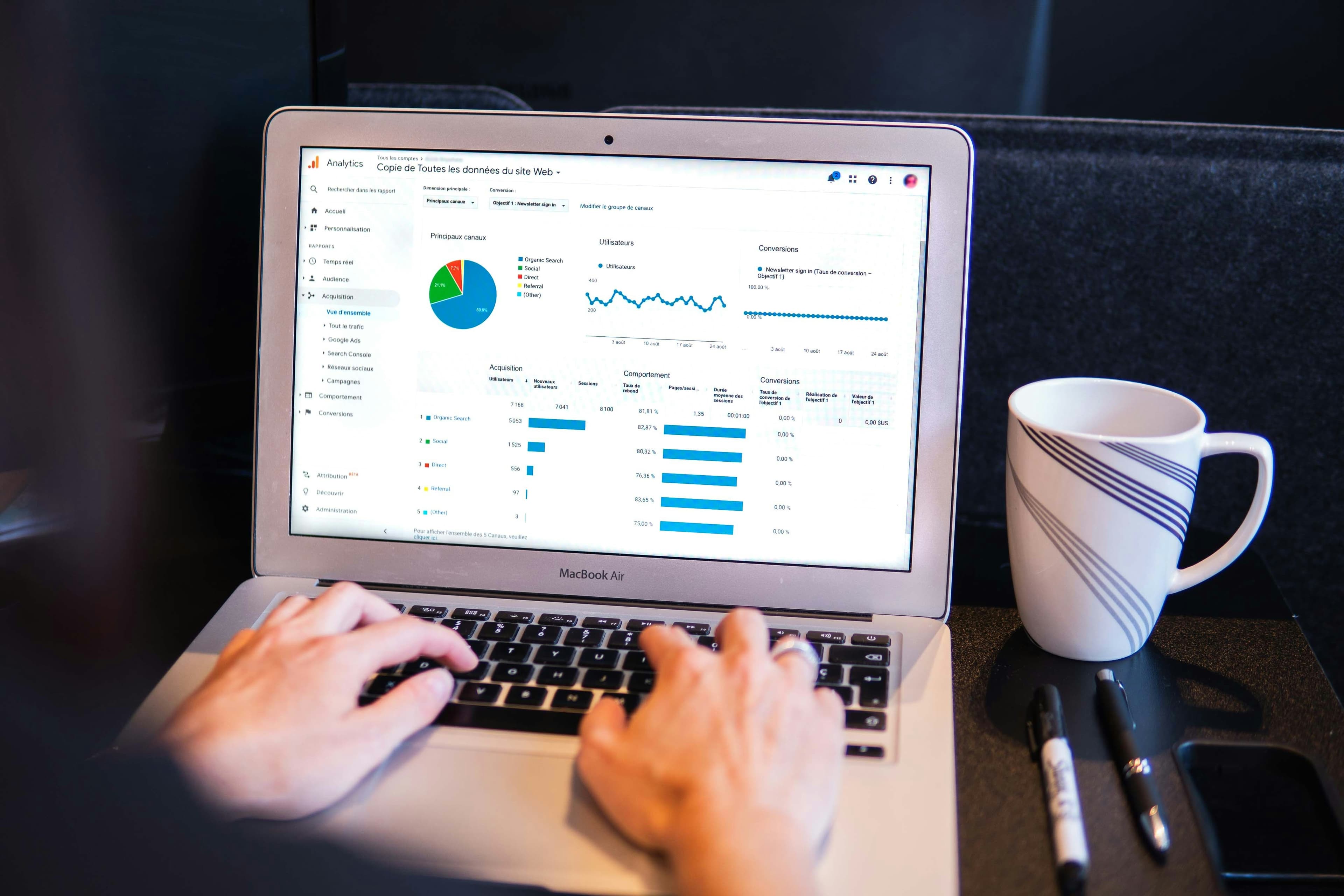 Marketing analytics dashboard on a laptop tracking grease trap campaign performance
